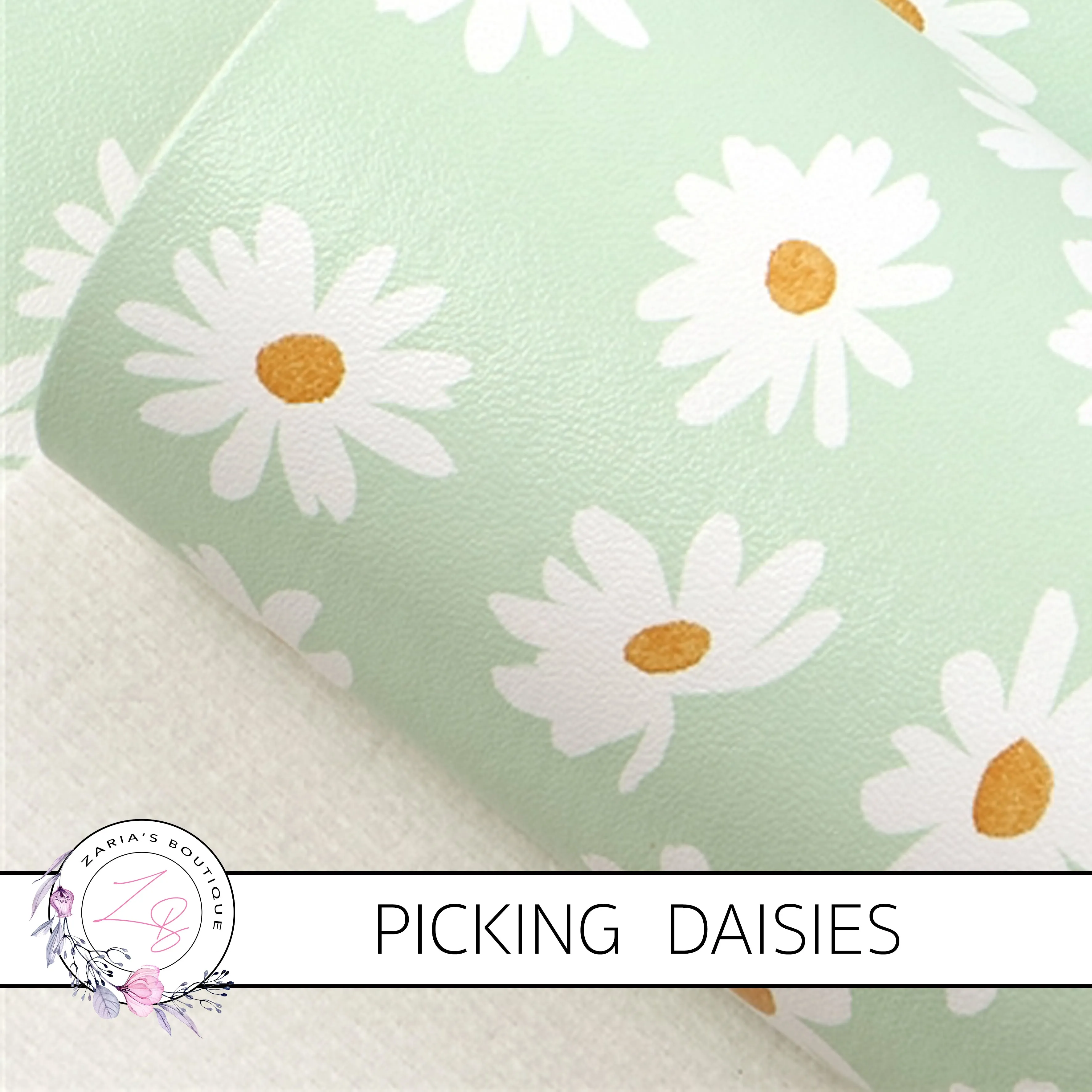 SALE Picking Daisies ~ Mint Green Floral Faux Leather ~ 1mm