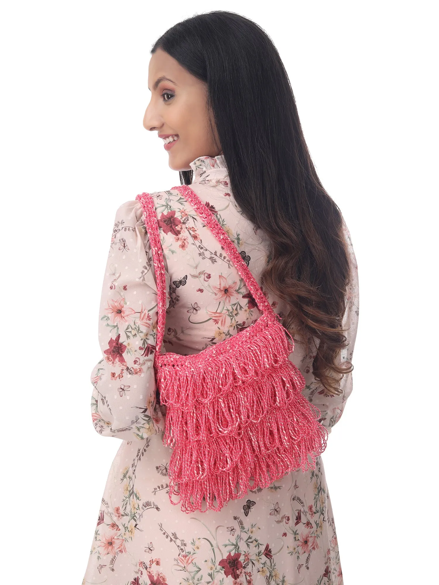 Salmon Pink Frilled Crochet Satchel