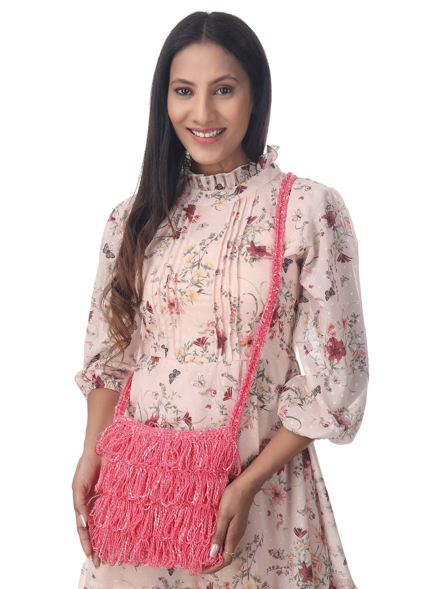 Salmon Pink Frilled Crochet Satchel