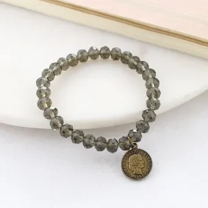 Smokey Taupe Crystal & Coin Stretch Bracelet