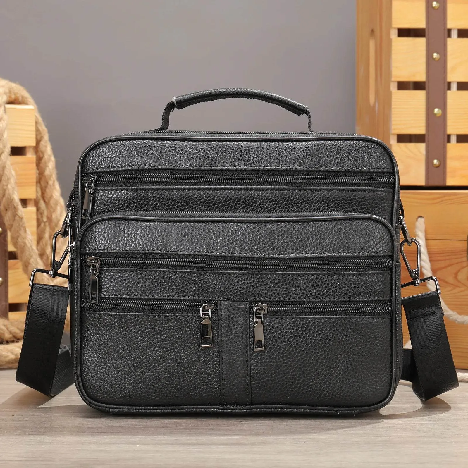 Soft Cowhide Leather Messenger Crossbody Bag for Men