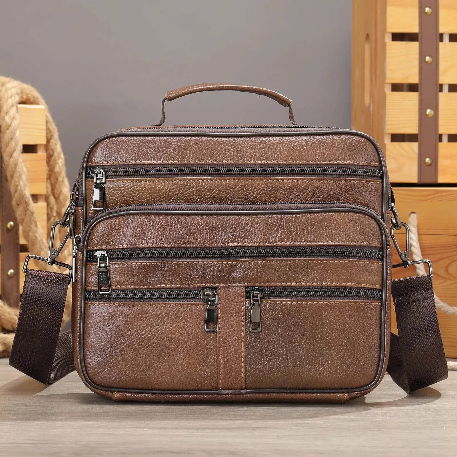 Soft Cowhide Leather Messenger Crossbody Bag for Men