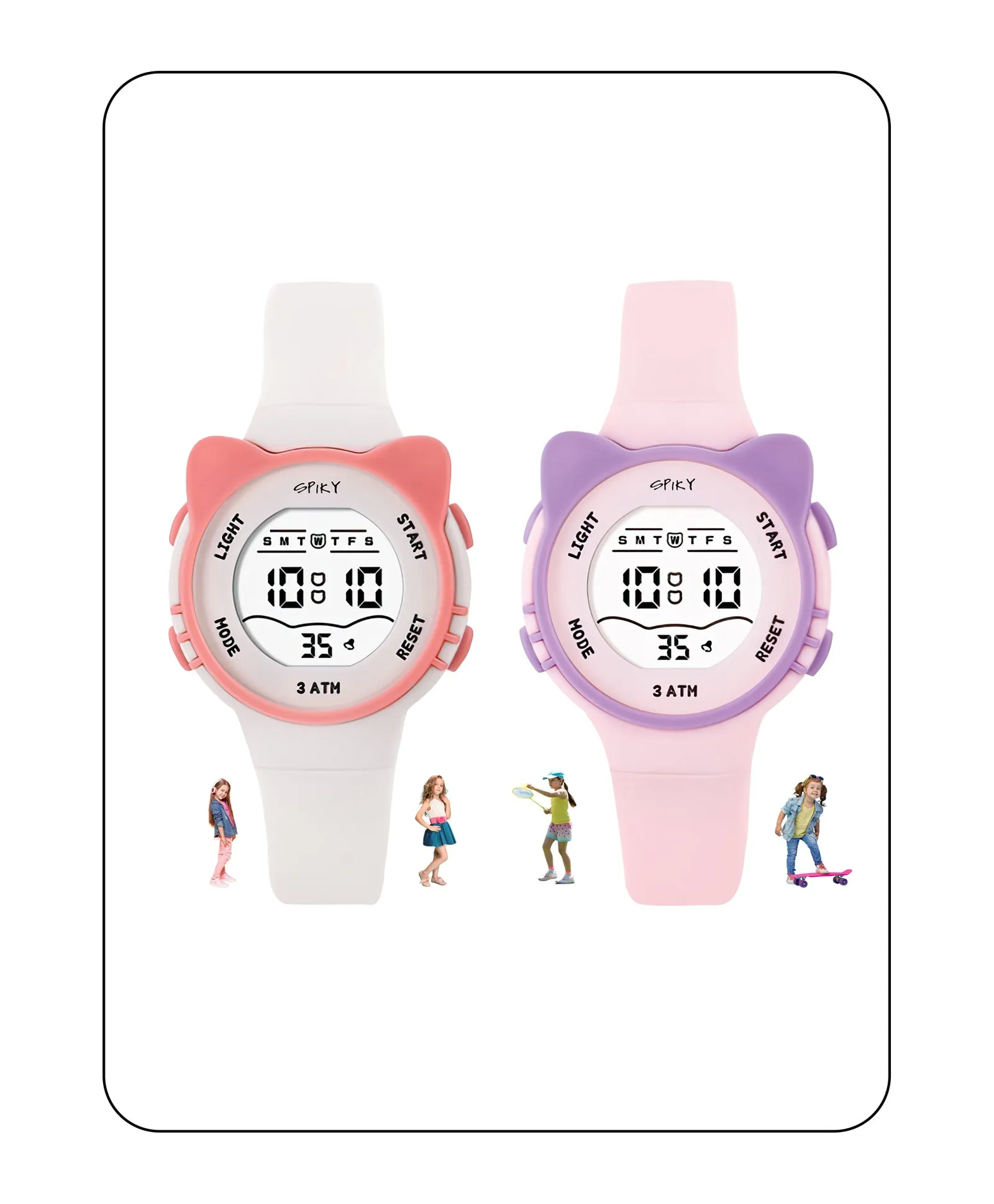 Spiky Cats-Ears Shaped Digital Kids Watches Combo - White & Pink