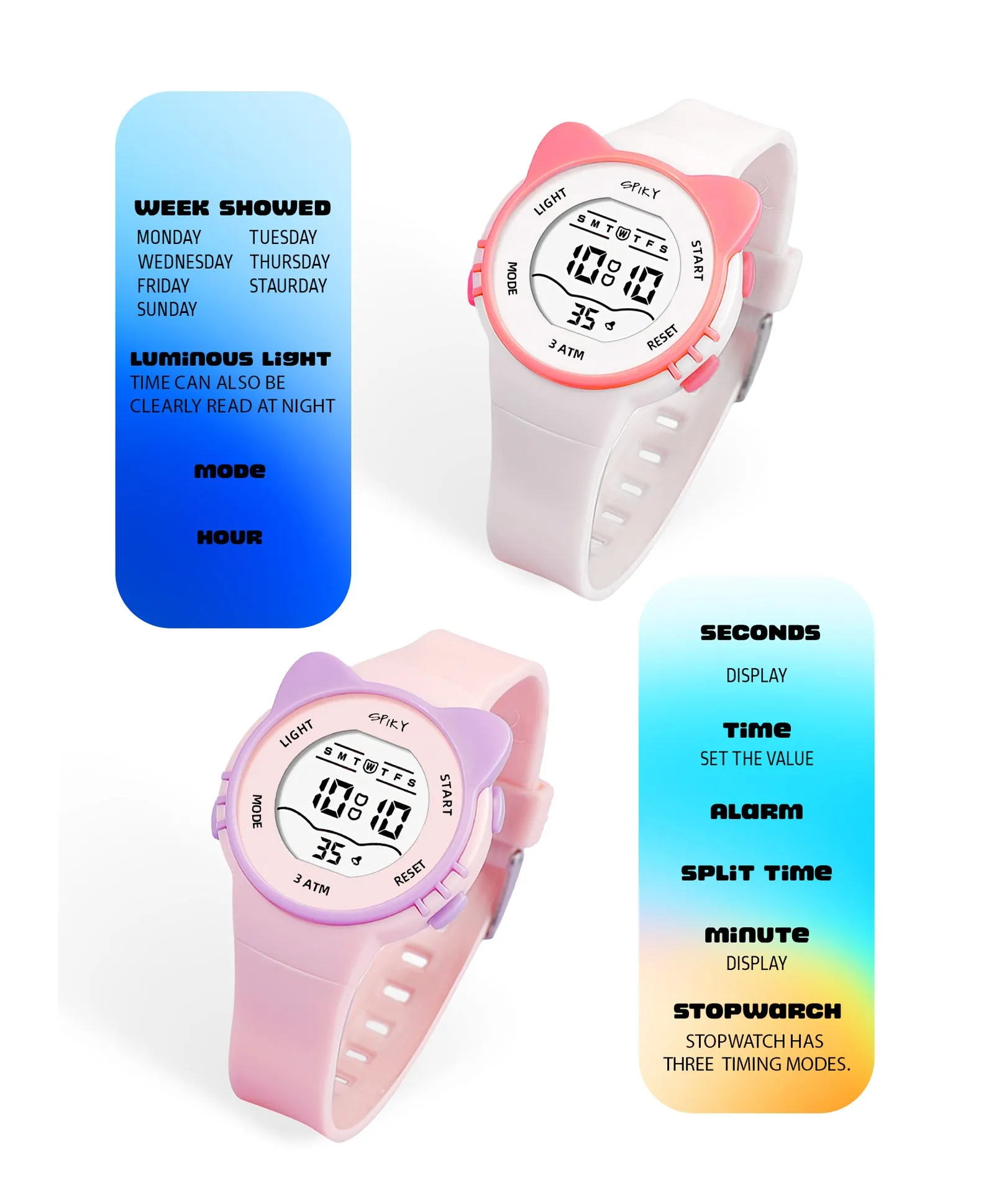 Spiky Cats-Ears Shaped Digital Kids Watches Combo - White & Pink