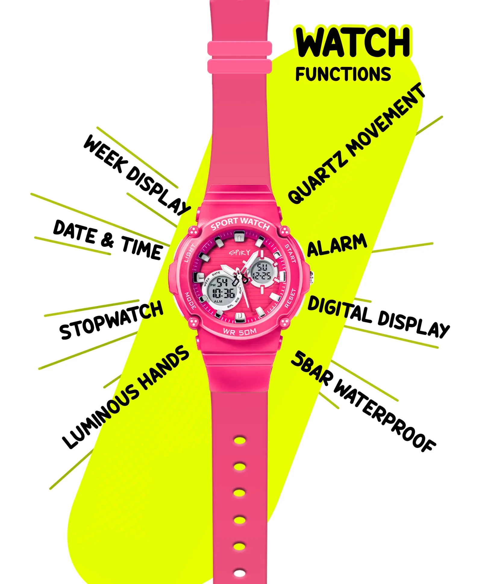 Spiky Eva29 Round Multifunctional Digital Sports Watch - Pink