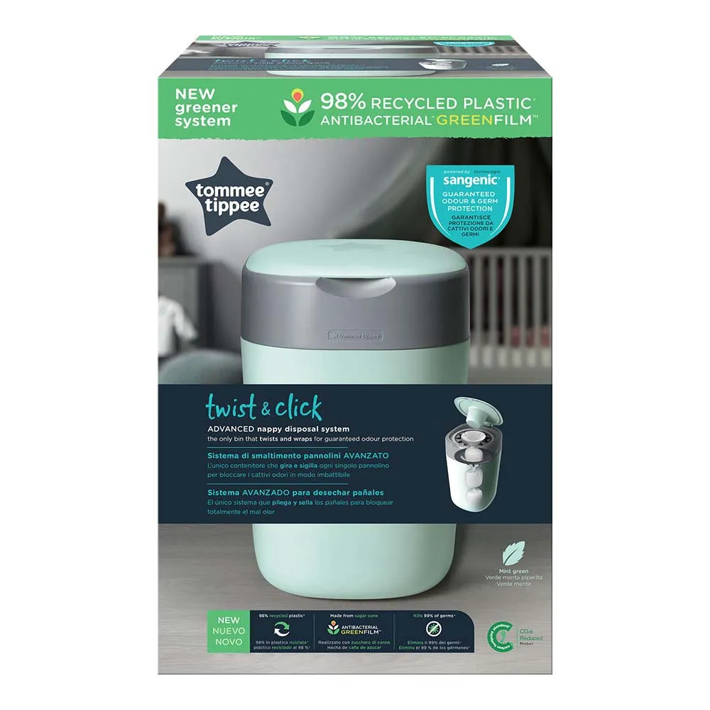 Tommee Tippee - Twist and Click Advanced Nappy Bin with 1x Refill Cassette with Sustainably Sourced Antibacterial GREENFILM (Green)