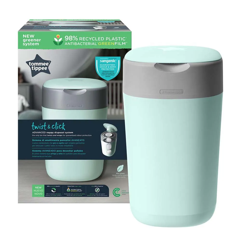 Tommee Tippee - Twist and Click Advanced Nappy Bin with 1x Refill Cassette with Sustainably Sourced Antibacterial GREENFILM (Green)
