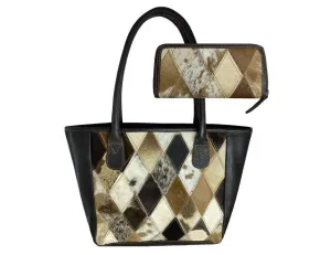 Tri Color Diamond Hair on Cowhide Leather Shoulder Bag and Wallet Set