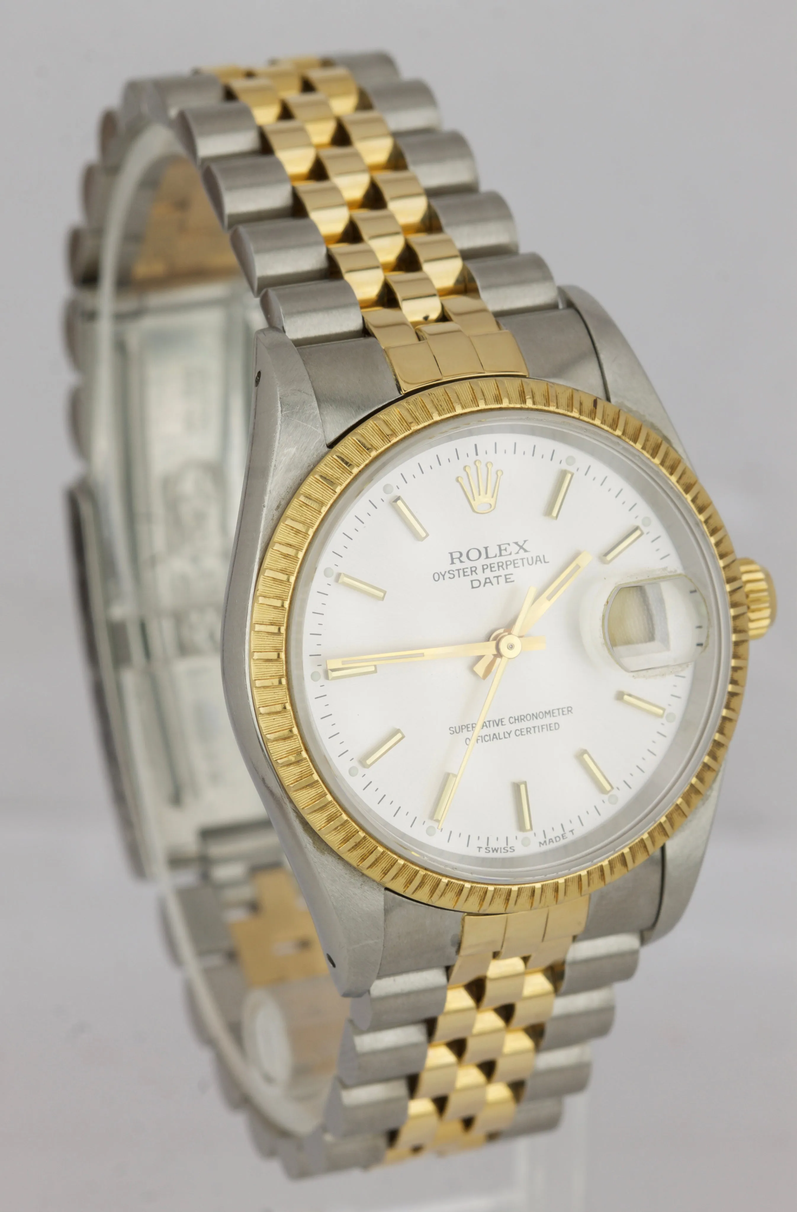 UNPOLISHED Rolex Date 15223 34mm Silver 18K Two Tone Jubilee Watch DateJust