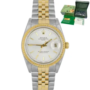 UNPOLISHED Rolex Date 15223 34mm Silver 18K Two Tone Jubilee Watch DateJust