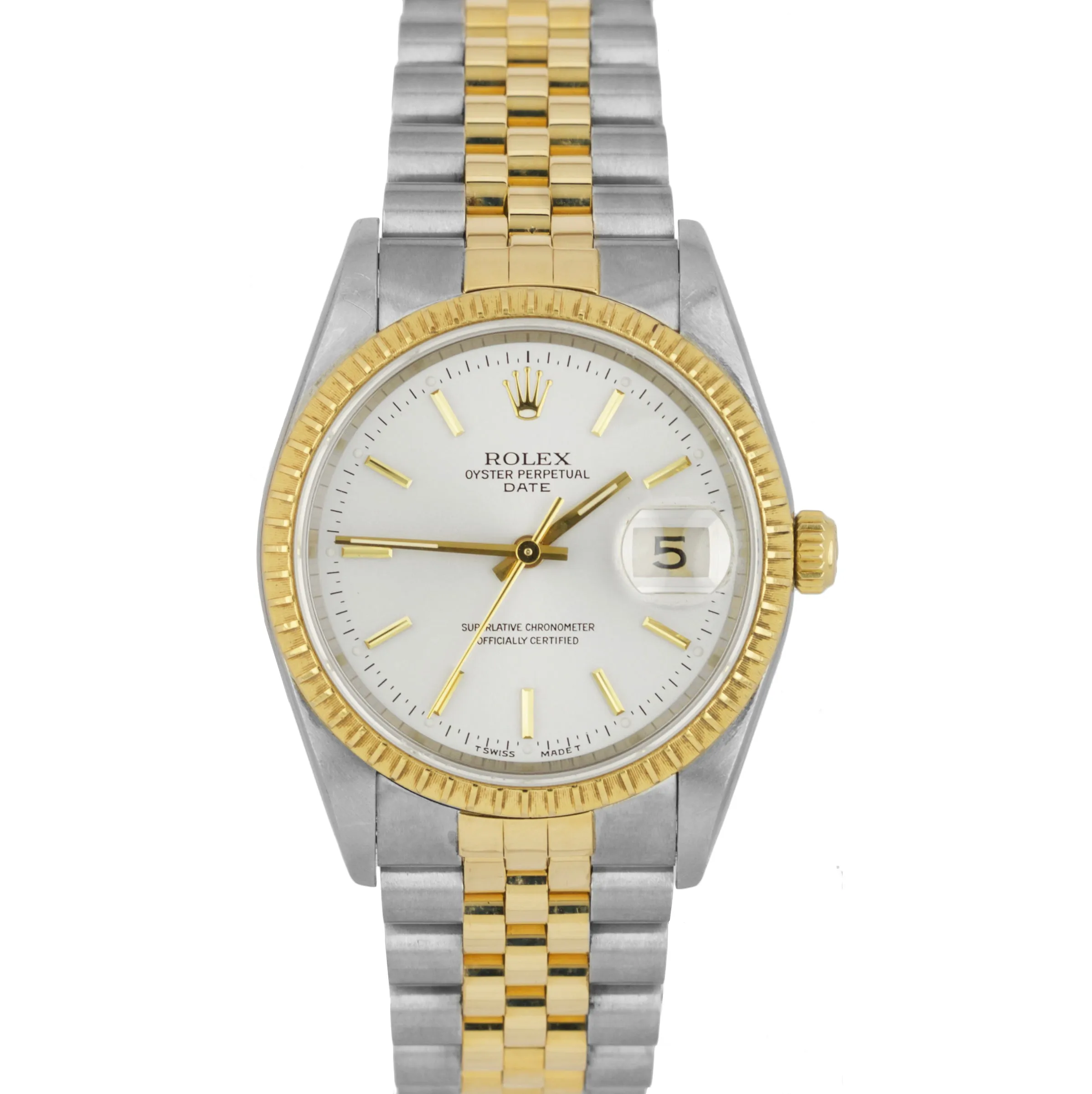 UNPOLISHED Rolex Date 15223 34mm Silver 18K Two Tone Jubilee Watch DateJust