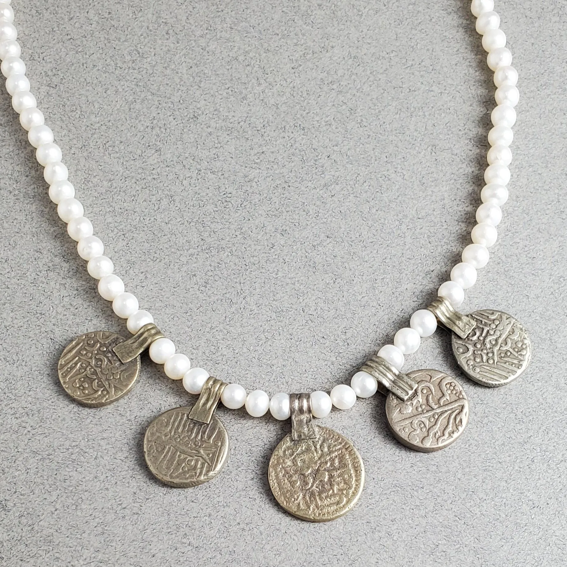 Vintage Arabic Coin Drops in Sterling Silver on a Freshwater Round Pearl Necklace, Layering Necklace, Boho Necklace