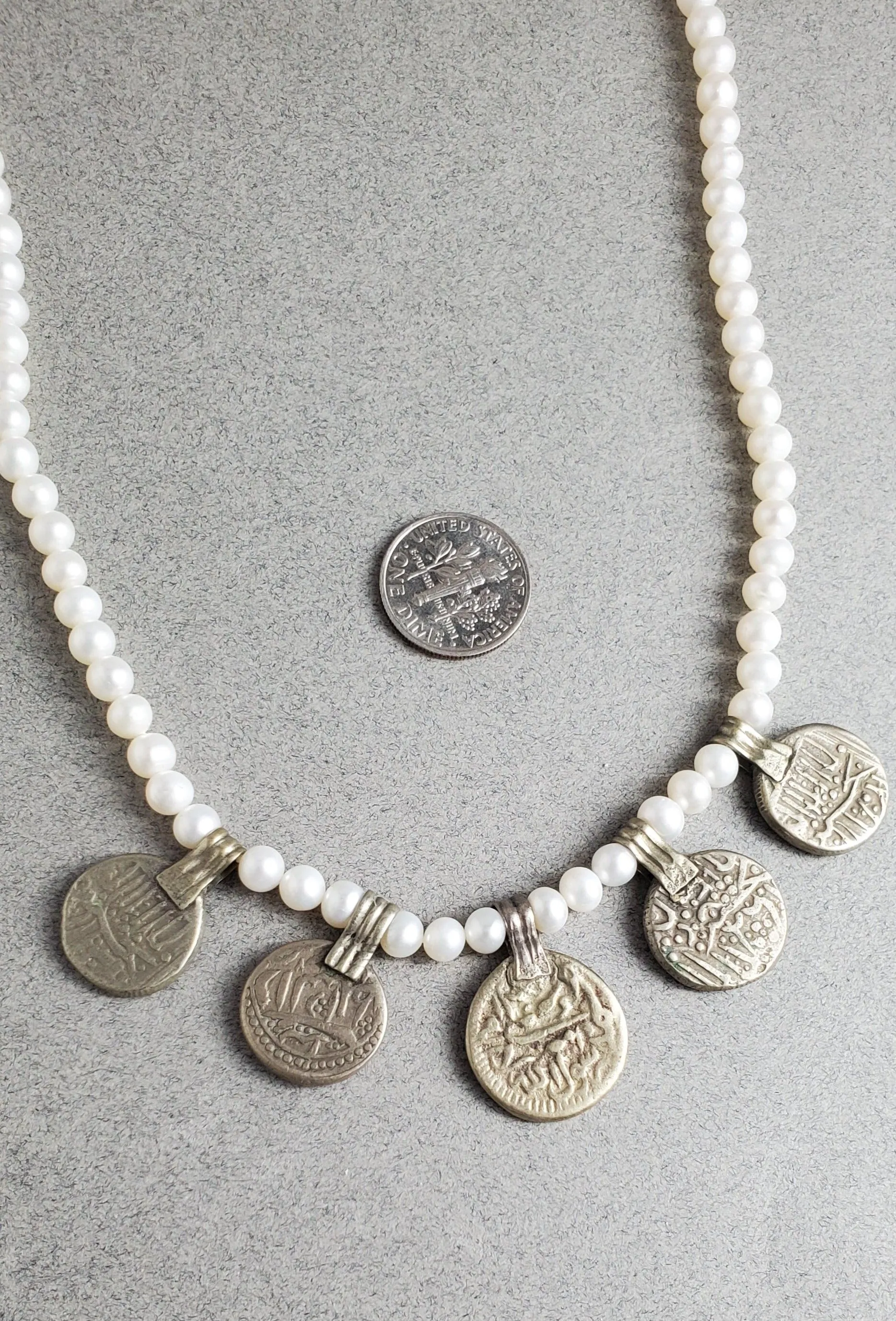 Vintage Arabic Coin Drops in Sterling Silver on a Freshwater Round Pearl Necklace, Layering Necklace, Boho Necklace