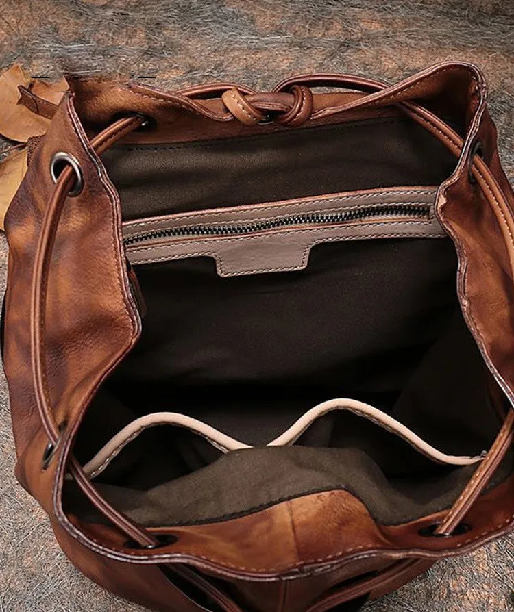 Vintage Coffee Leather Rucksack WIth Tassels Womens Western Leather Backpack Ladies Backpack Purses