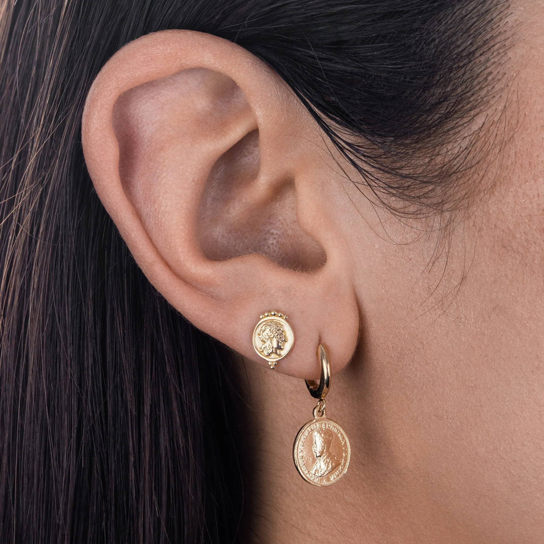 Vintage Coin Stud Earring 14K
