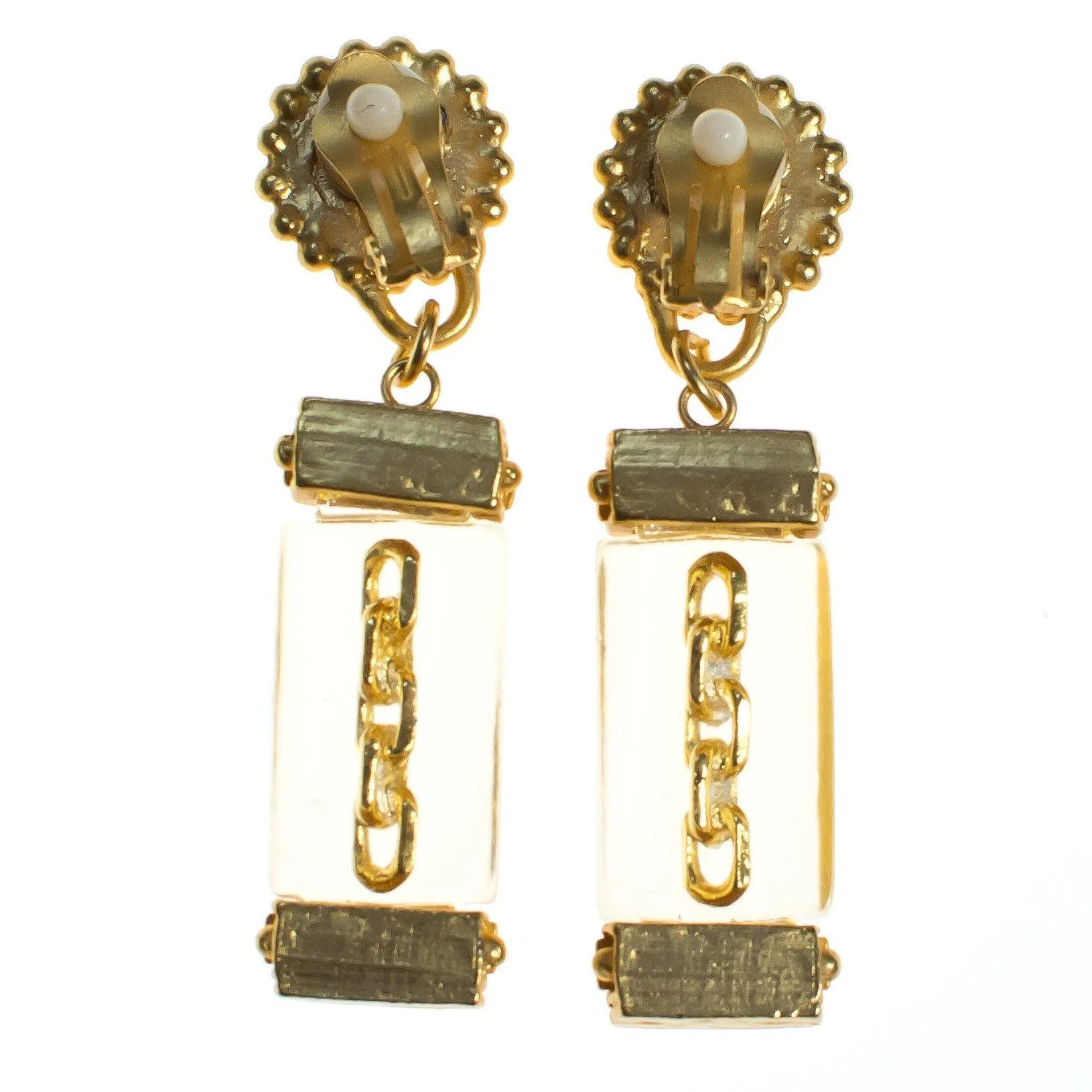 Vintage Gold Coin and Chain Earrings with Lucite