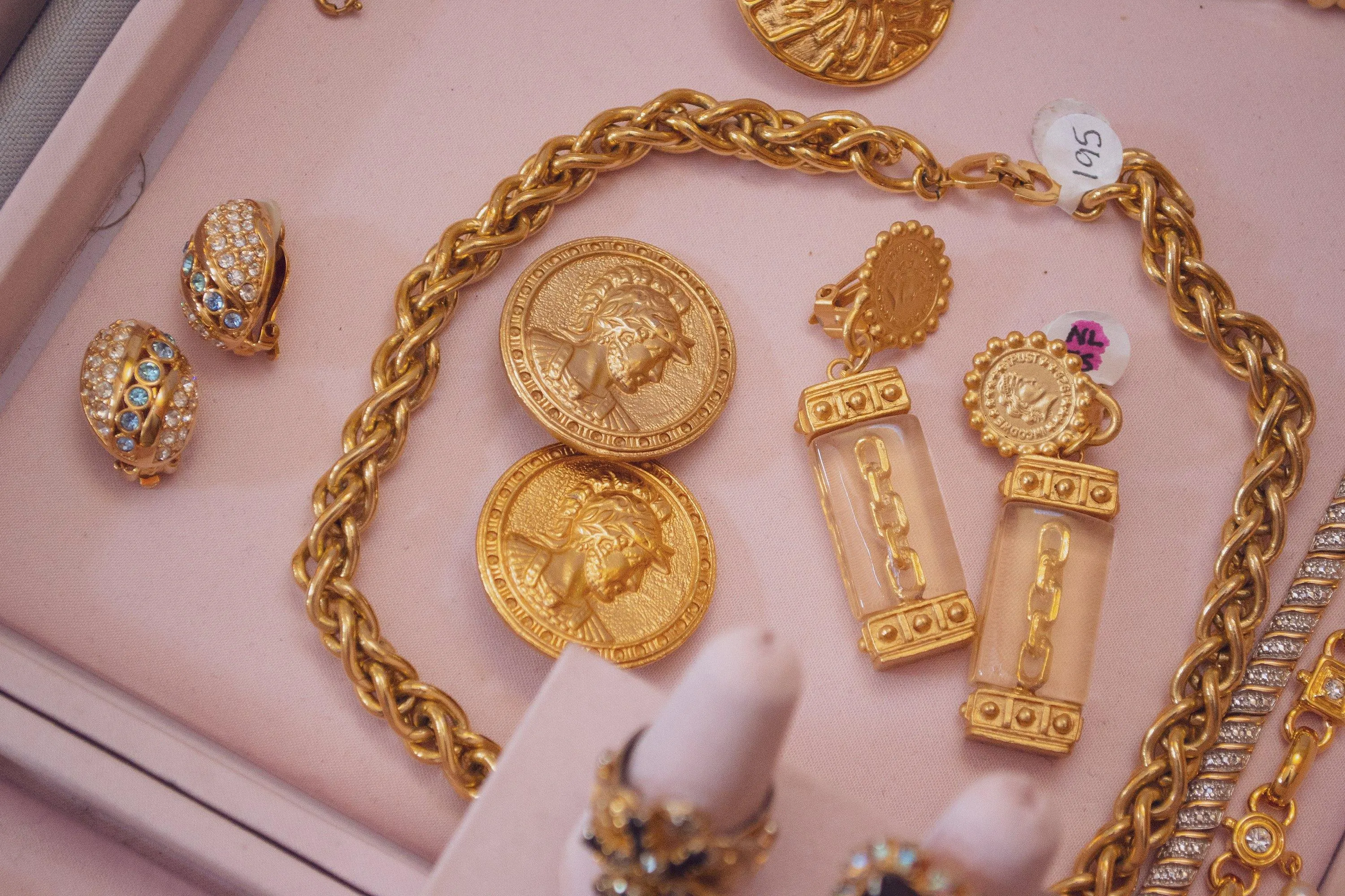 Vintage Gold Coin and Chain Earrings with Lucite