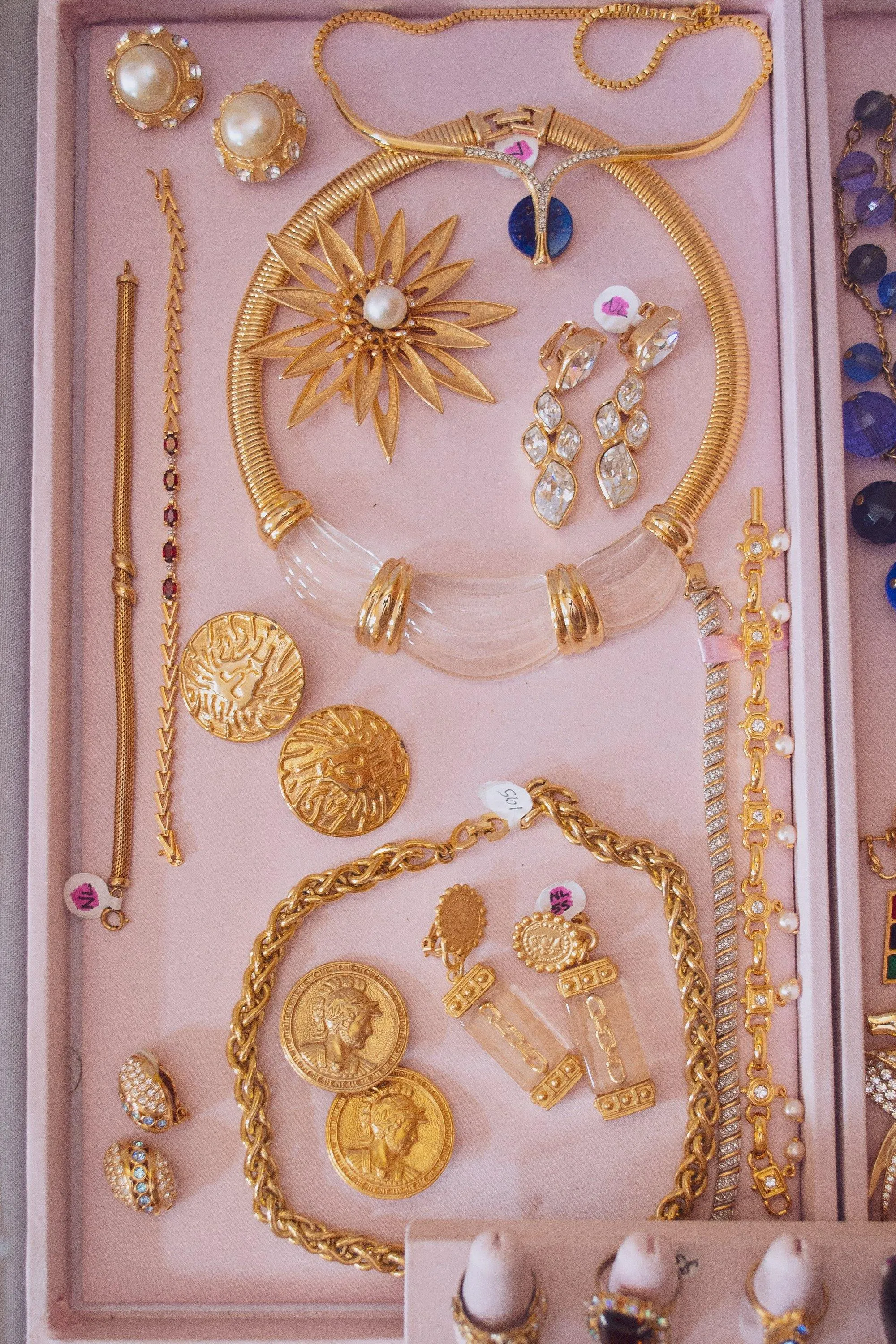 Vintage Gold Coin and Chain Earrings with Lucite