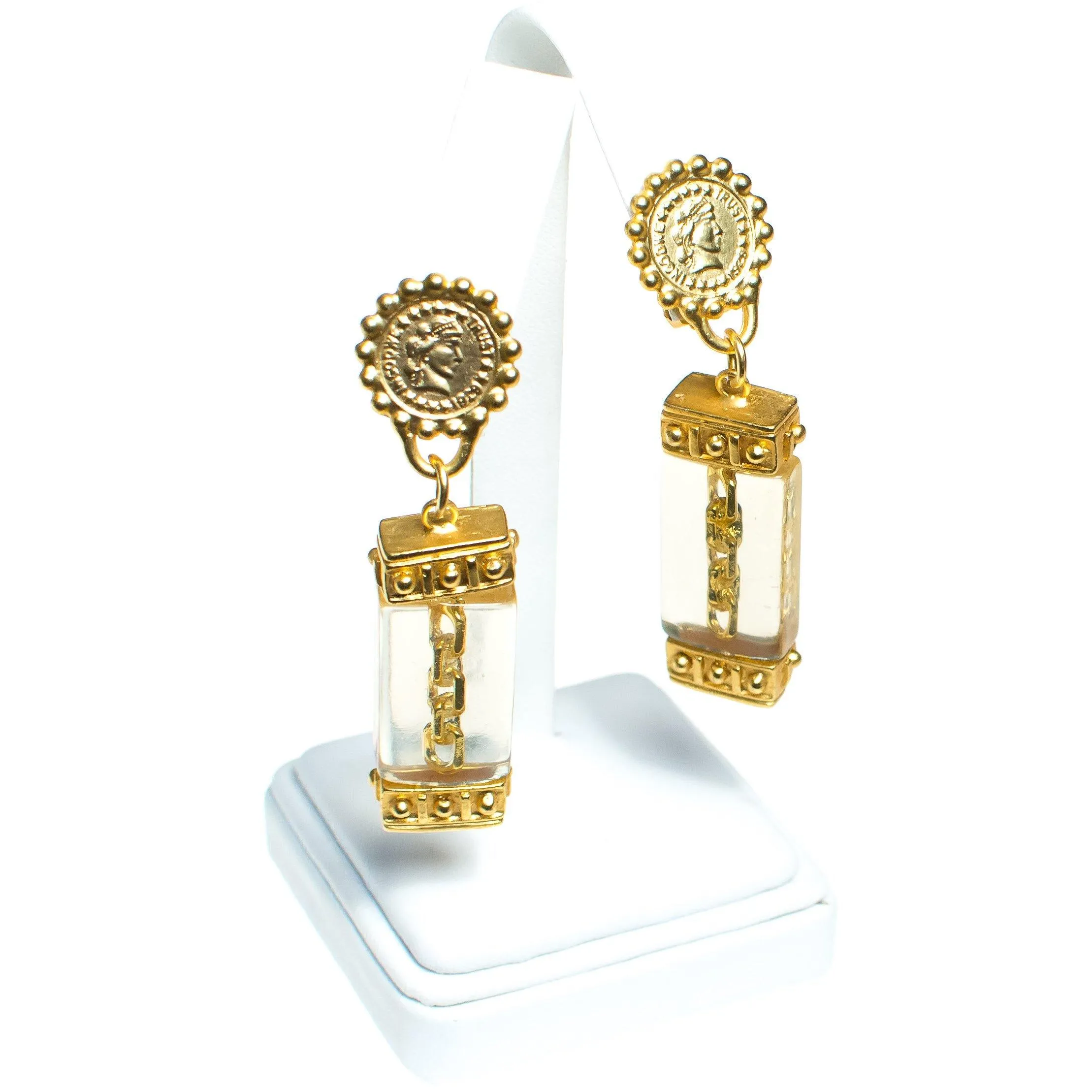 Vintage Gold Coin and Chain Earrings with Lucite