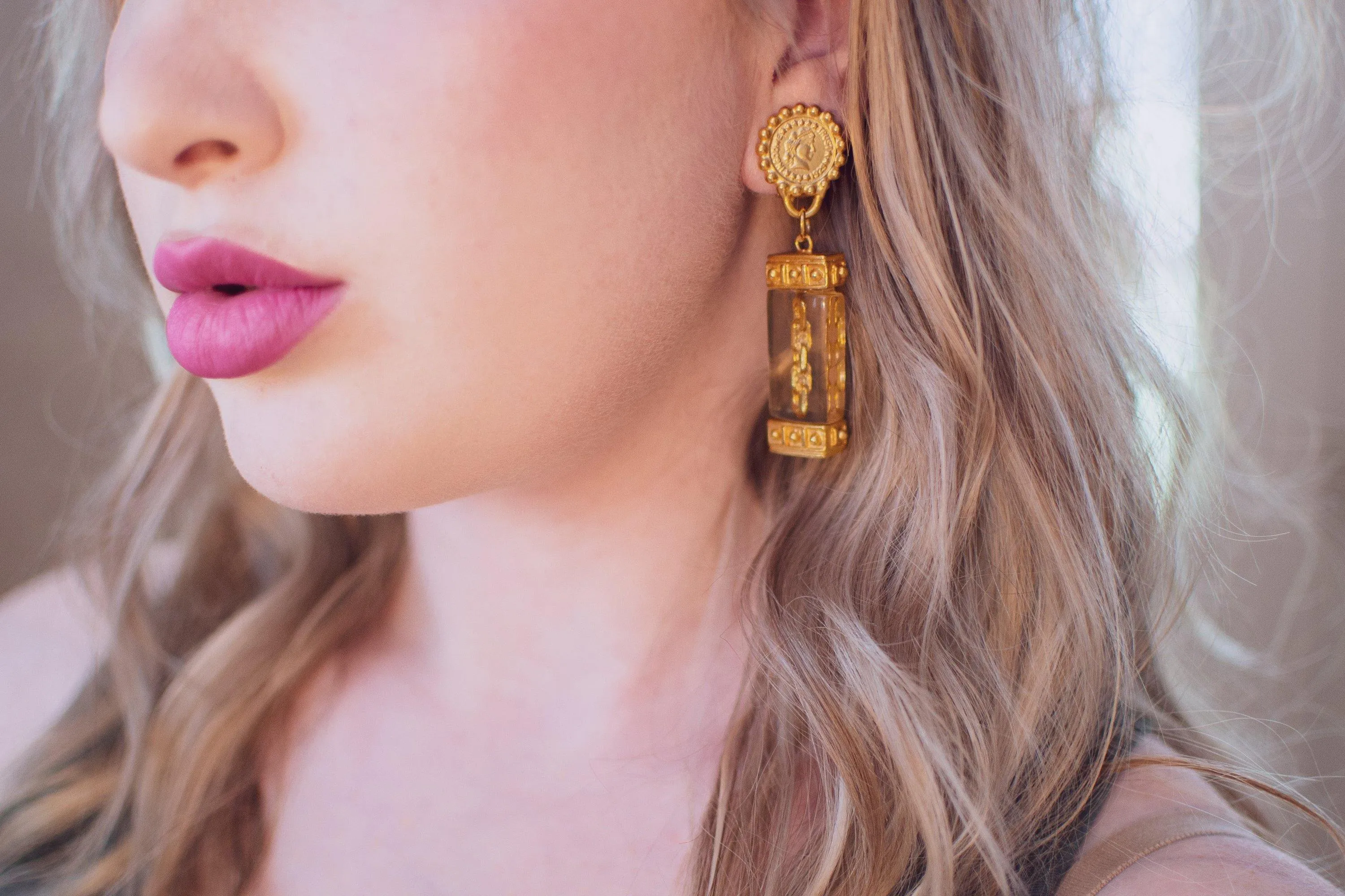 Vintage Gold Coin and Chain Earrings with Lucite