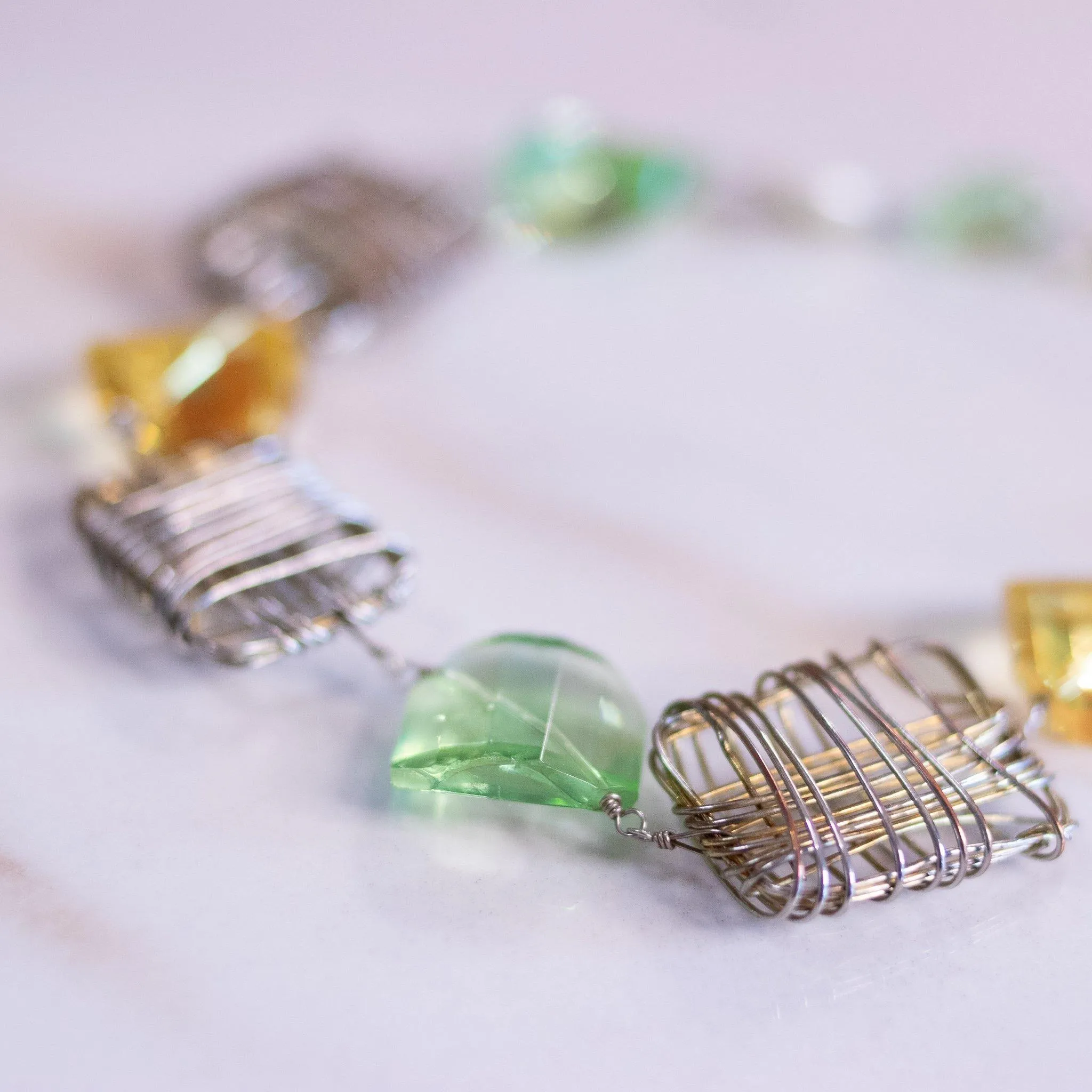 Vintage Green and Yellow Quartz, Coin Pearl and Silver Wire Necklace