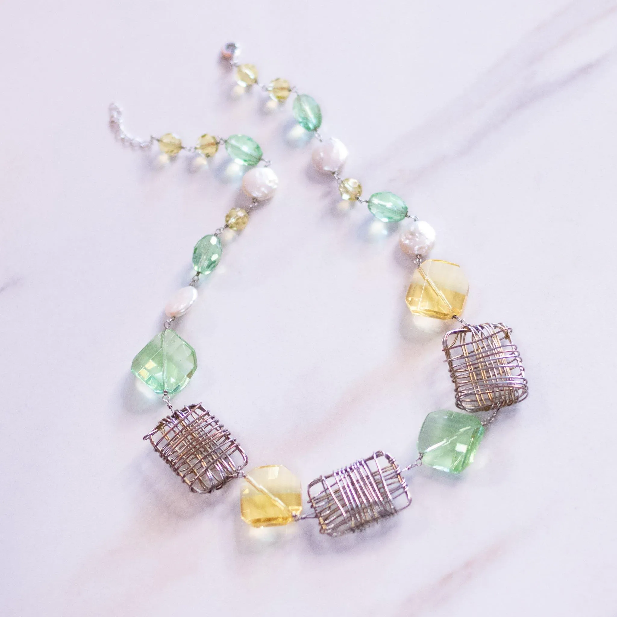 Vintage Green and Yellow Quartz, Coin Pearl and Silver Wire Necklace