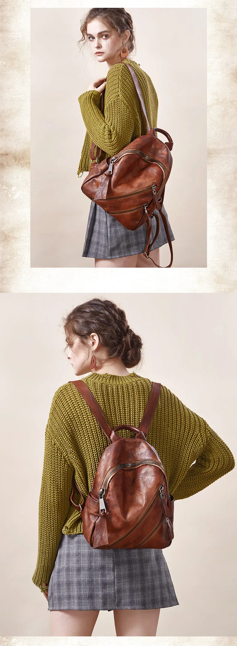 Vintage Green Leather Rucksack Bag Womens Best School Backpack Ladies Leather Backpack Purses