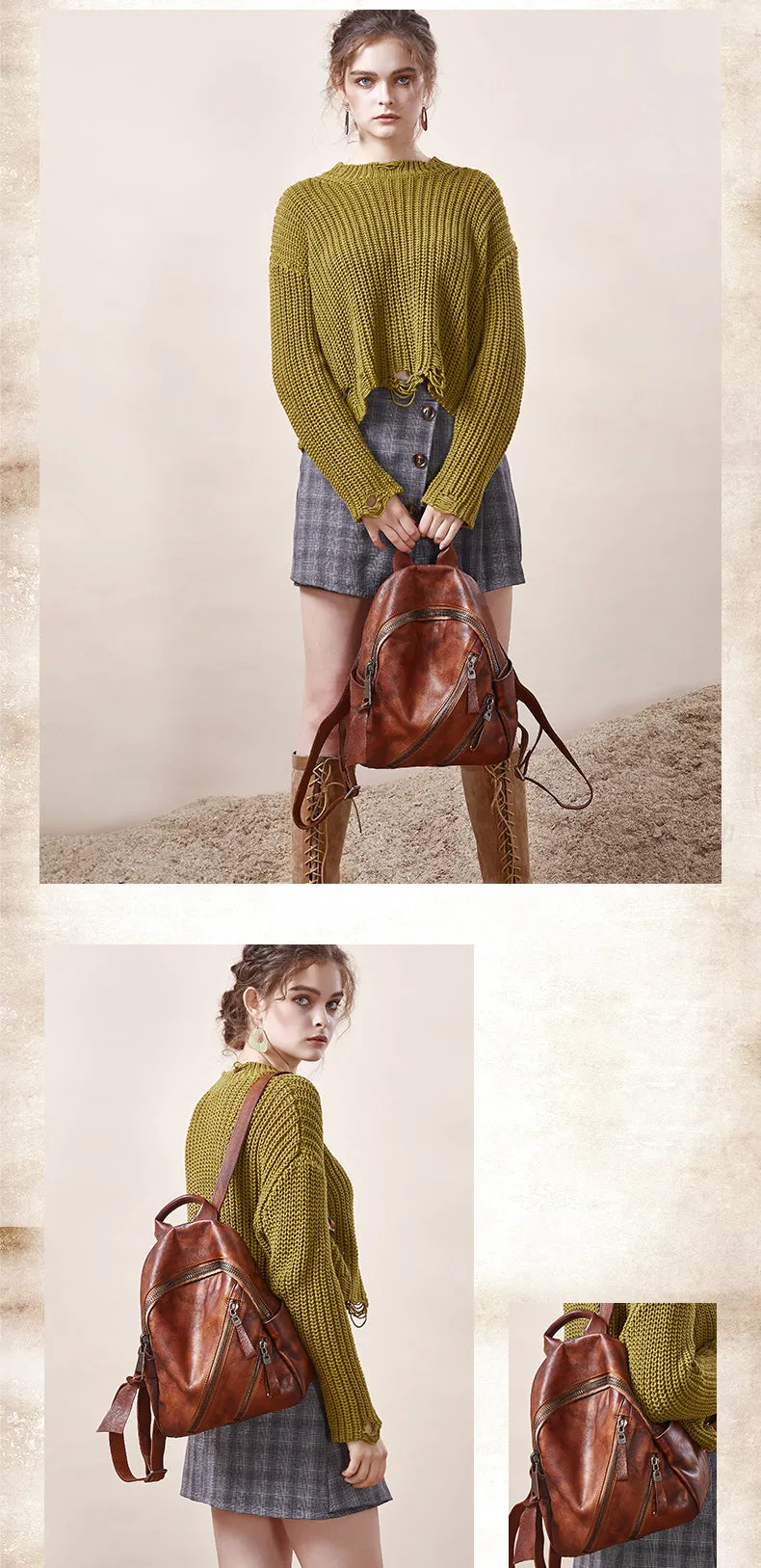 Vintage Green Leather Rucksack Bag Womens Best School Backpack Ladies Leather Backpack Purses