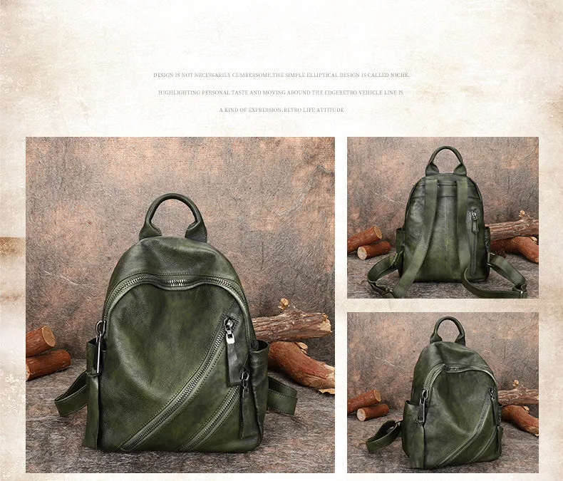 Vintage Green Leather Rucksack Bag Womens Best School Backpack Ladies Leather Backpack Purses