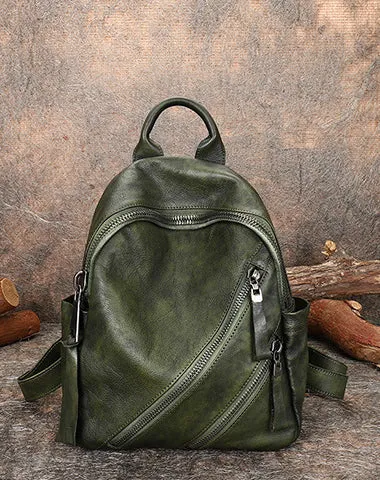 Vintage Green Leather Rucksack Bag Womens Best School Backpack Ladies Leather Backpack Purses