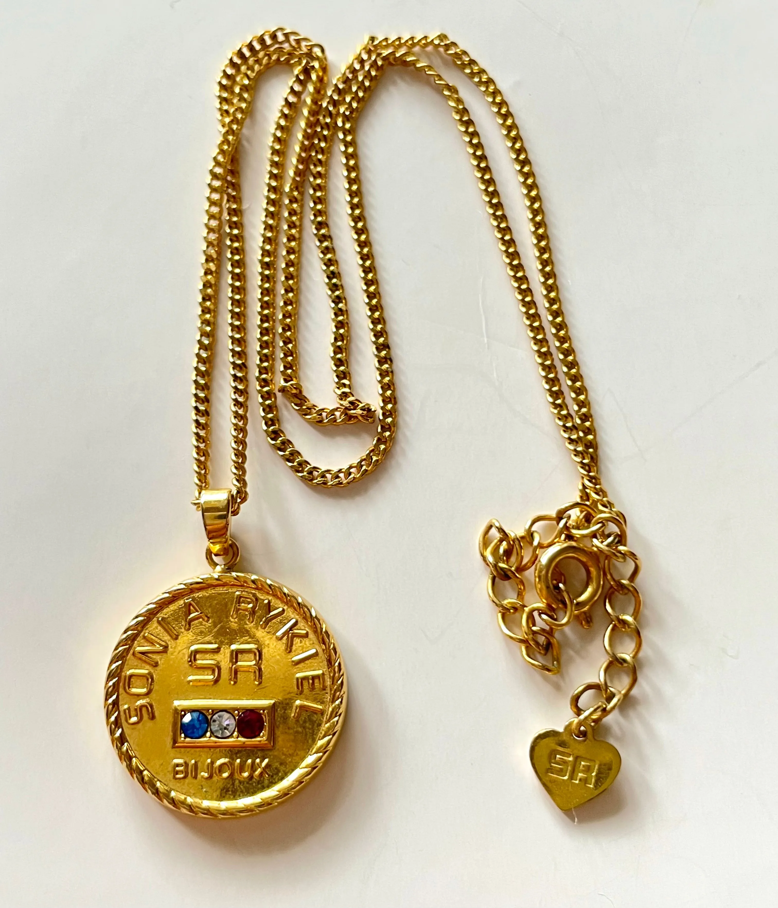 Vintage Sonia Rykiel chain necklace with logo coin top. Perfect vintage jewelry from SR Bijour. 0409081