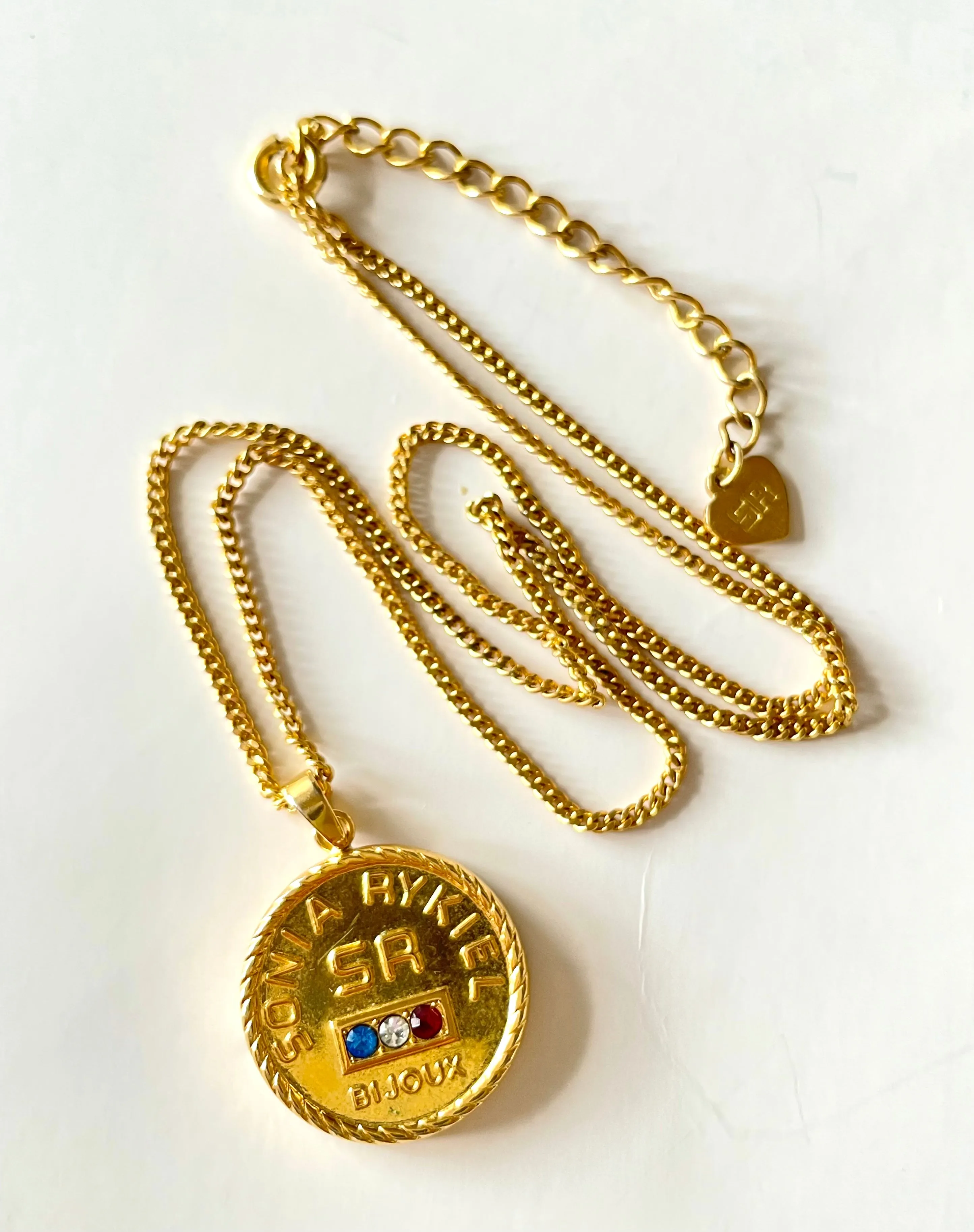 Vintage Sonia Rykiel chain necklace with logo coin top. Perfect vintage jewelry from SR Bijour. 0409081