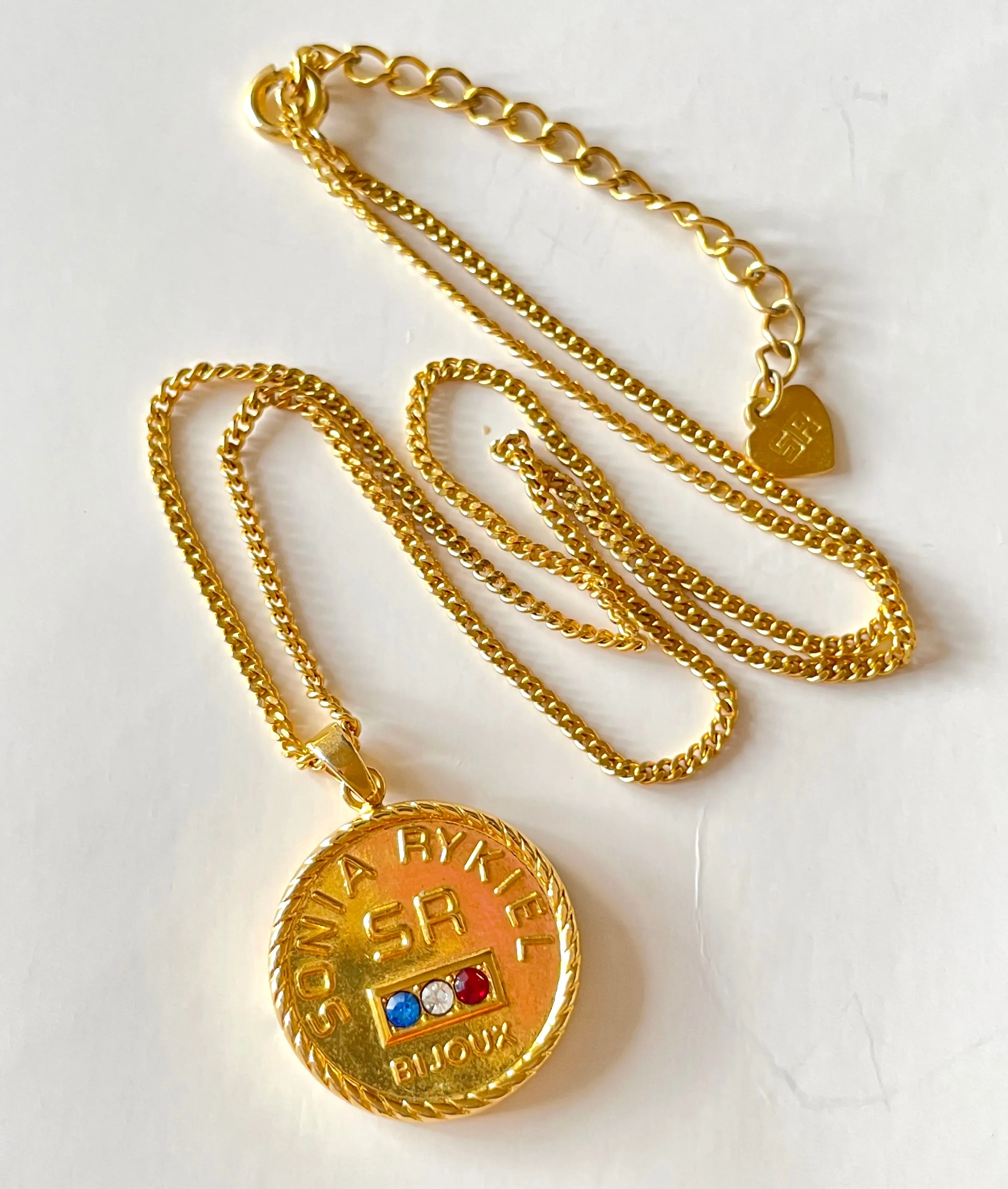 Vintage Sonia Rykiel chain necklace with logo coin top. Perfect vintage jewelry from SR Bijour. 0409081