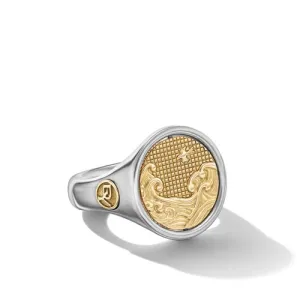 Water and Fire Duality Signet Ring in Sterling Silver with 18K Yellow Gold, Size 10