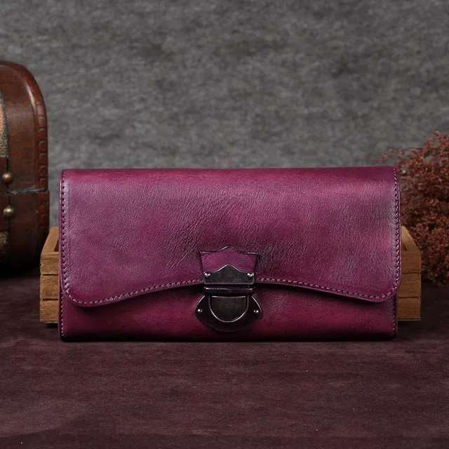 Women's handmade wallet female genuine leather card holder long wallet ladies retro zipper Clutch Bag coin purses Buckle wallets
