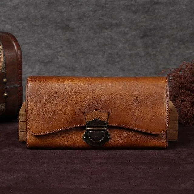 Women's handmade wallet female genuine leather card holder long wallet ladies retro zipper Clutch Bag coin purses Buckle wallets
