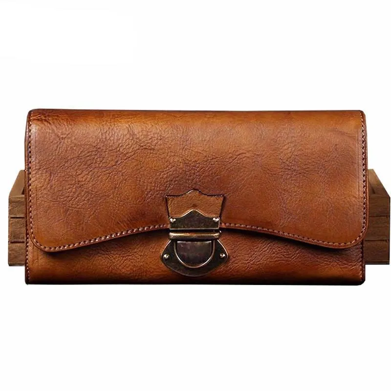 Women's handmade wallet female genuine leather card holder long wallet ladies retro zipper Clutch Bag coin purses Buckle wallets