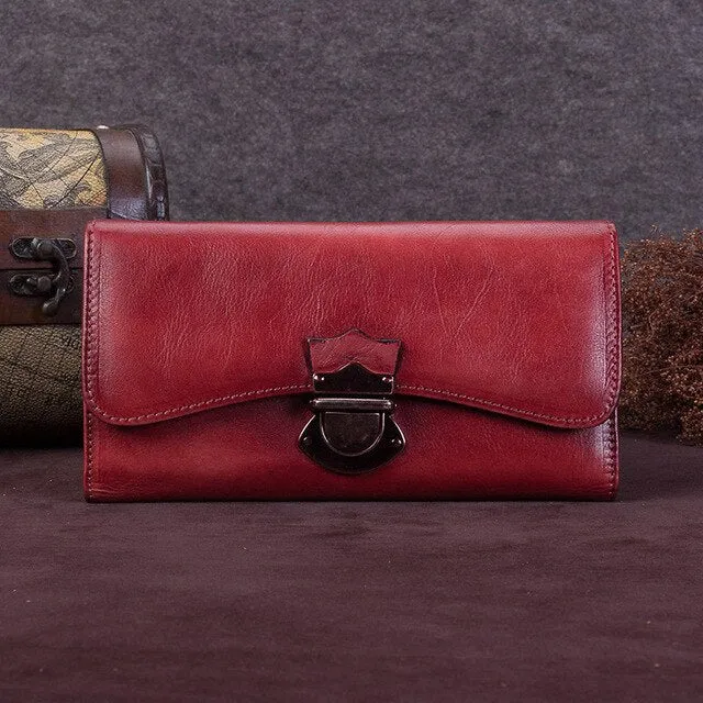 Women's handmade wallet female genuine leather card holder long wallet ladies retro zipper Clutch Bag coin purses Buckle wallets
