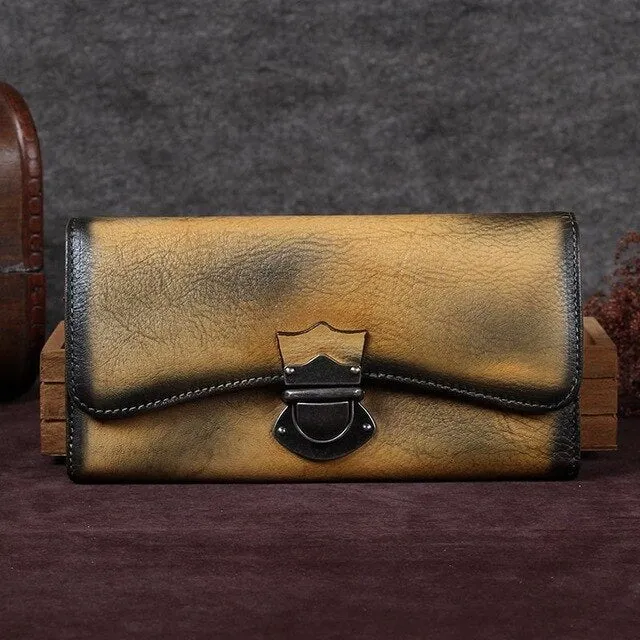 Women's handmade wallet female genuine leather card holder long wallet ladies retro zipper Clutch Bag coin purses Buckle wallets