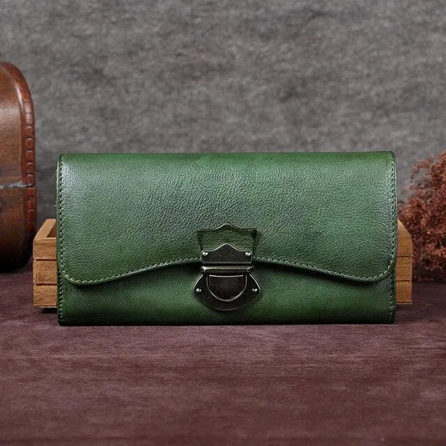 Women's handmade wallet female genuine leather card holder long wallet ladies retro zipper Clutch Bag coin purses Buckle wallets