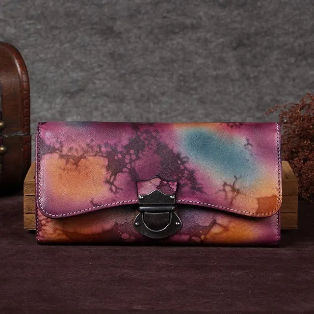 Women's handmade wallet female genuine leather card holder long wallet ladies retro zipper Clutch Bag coin purses Buckle wallets