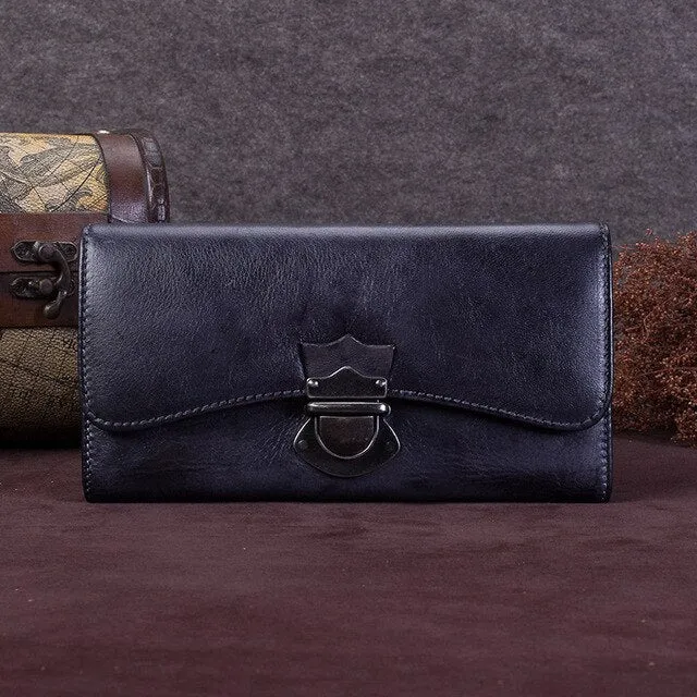 Women's handmade wallet female genuine leather card holder long wallet ladies retro zipper Clutch Bag coin purses Buckle wallets