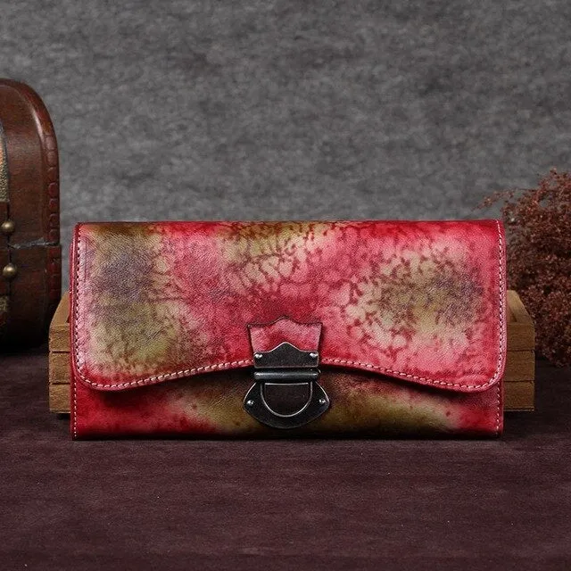 Women's handmade wallet female genuine leather card holder long wallet ladies retro zipper Clutch Bag coin purses Buckle wallets