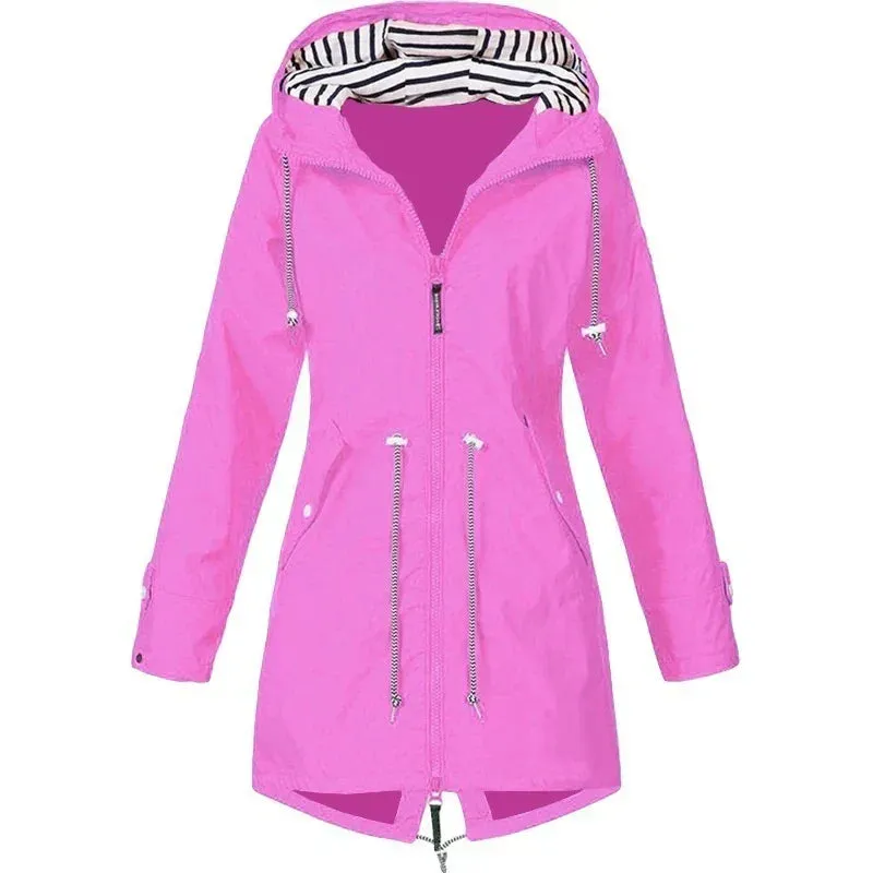 Women's waterproof hoodie trench coat with drawstring waist, zipper and outer pockets