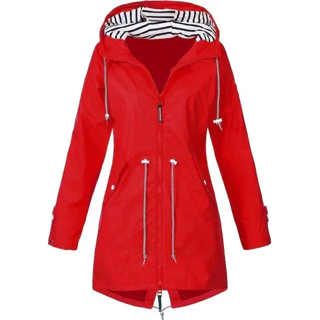 Women's waterproof hoodie trench coat with drawstring waist, zipper and outer pockets