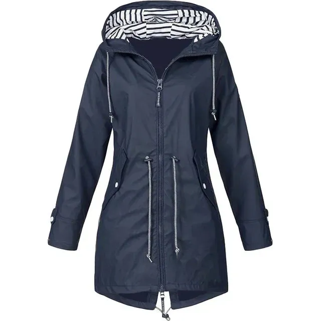 Women's waterproof hoodie trench coat with drawstring waist, zipper and outer pockets