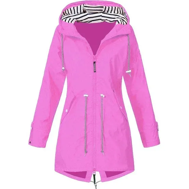 Women's waterproof hoodie trench coat with drawstring waist, zipper and outer pockets