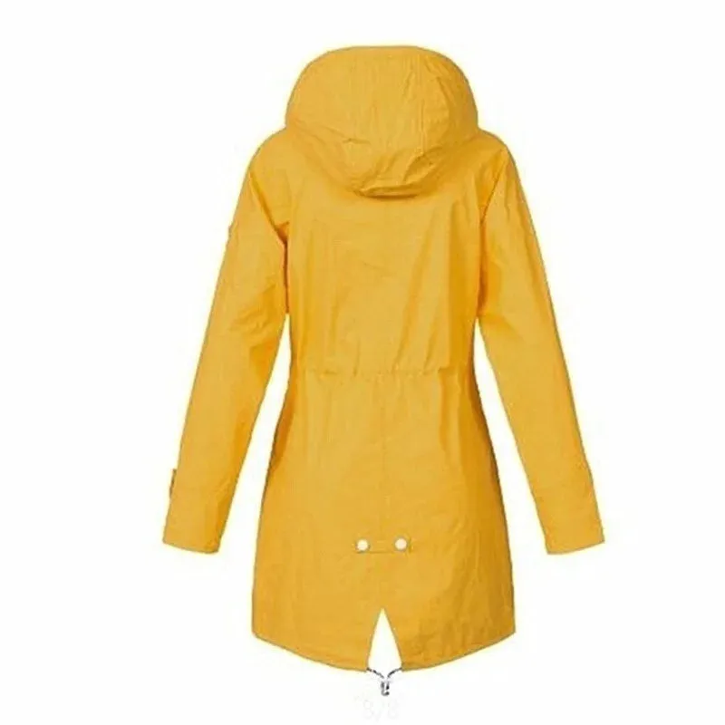 Women's waterproof hoodie trench coat with drawstring waist, zipper and outer pockets