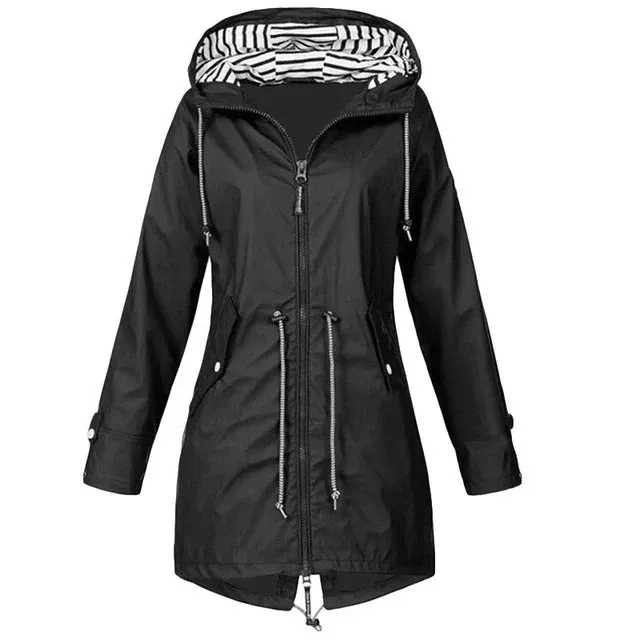 Women's waterproof hoodie trench coat with drawstring waist, zipper and outer pockets