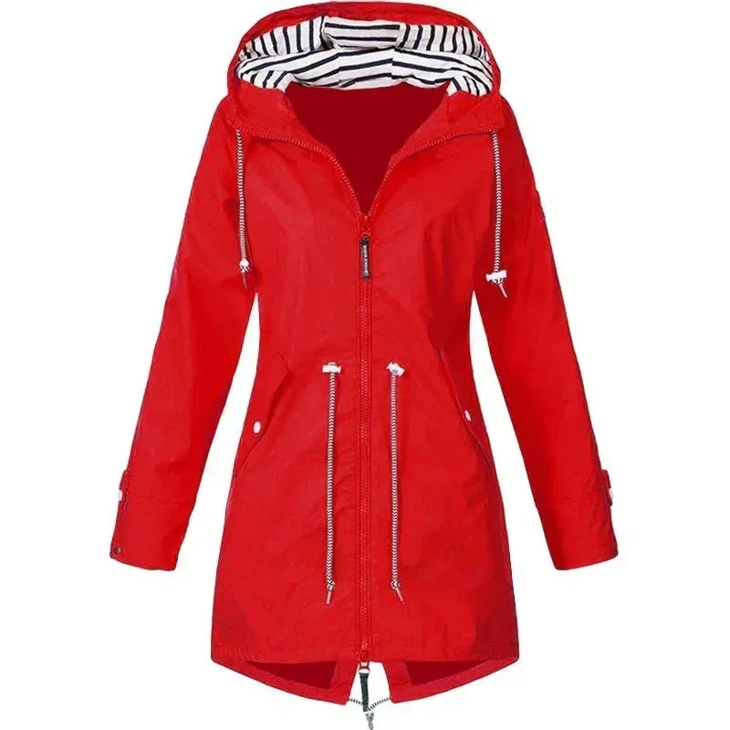 Women's waterproof hoodie trench coat with drawstring waist, zipper and outer pockets